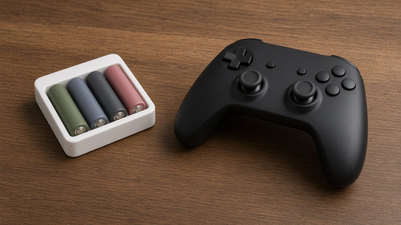 Piles rechargeables et chargeur à côté d’une manette