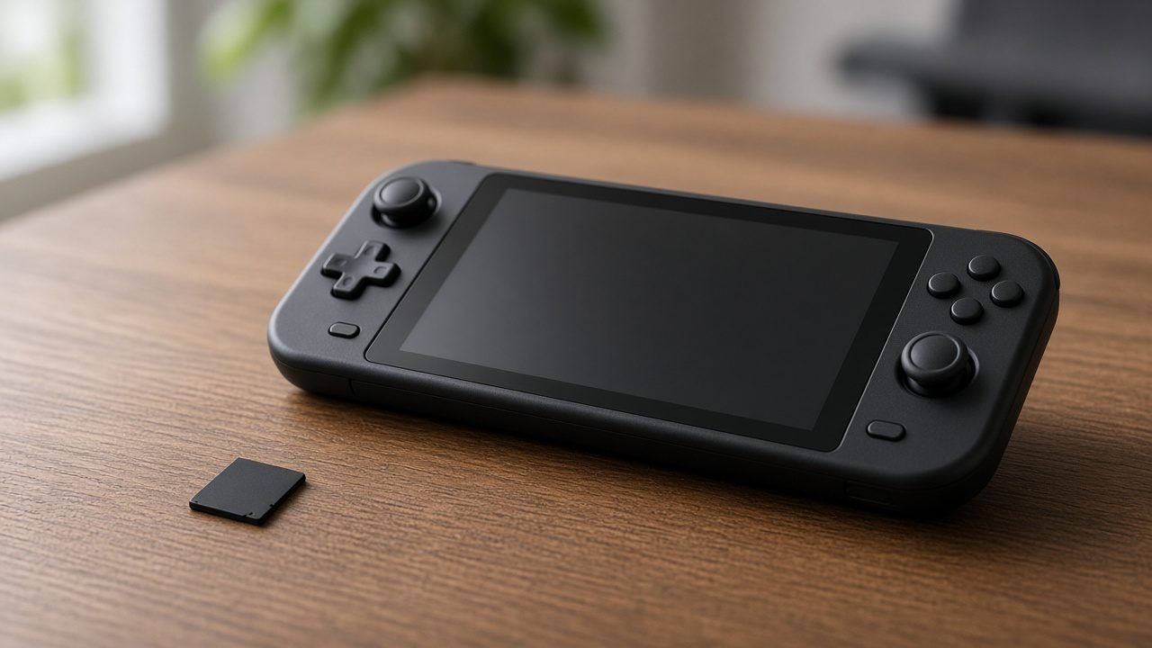 Carte mémoire posée à côté d’une console portable