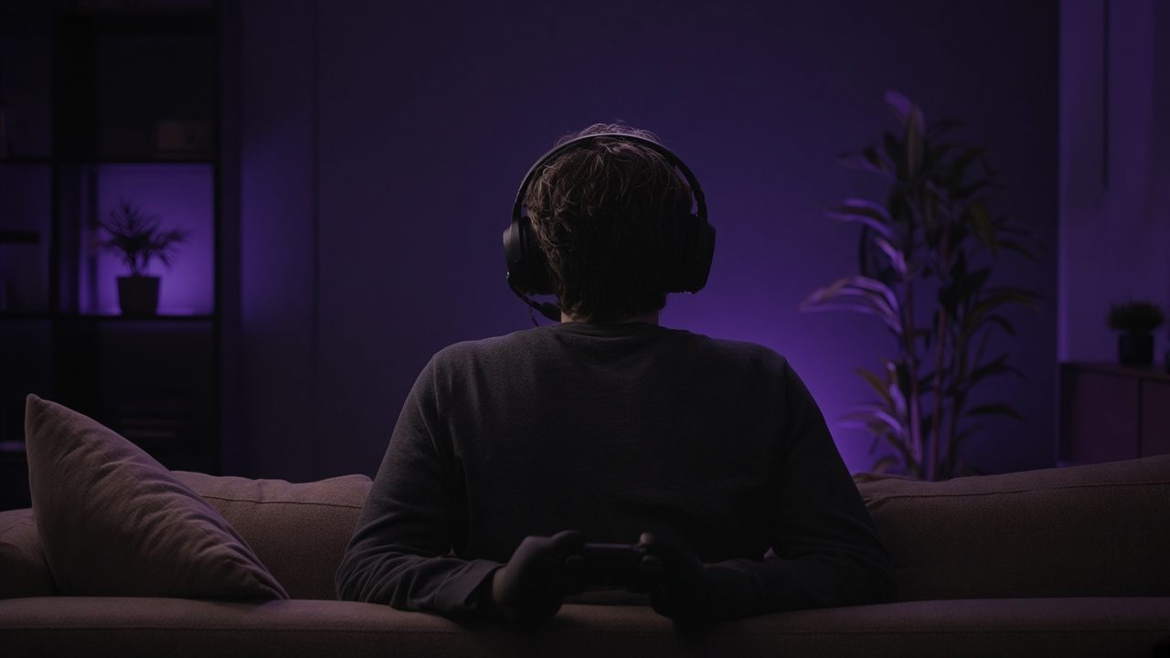 Joueur avec un casque dans une pièce éclairée en violet