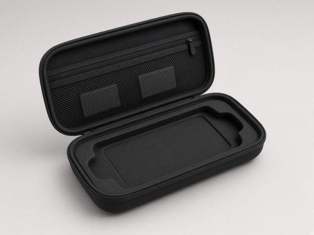 Étui rigide noir zippé ouvert, intérieur moulé pour console portable et filet de rangement