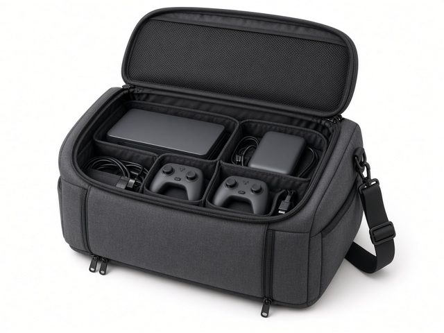 Sacoche de transport grise avec bandoulière, compartiments pour console, dock, câbles et deux manettes