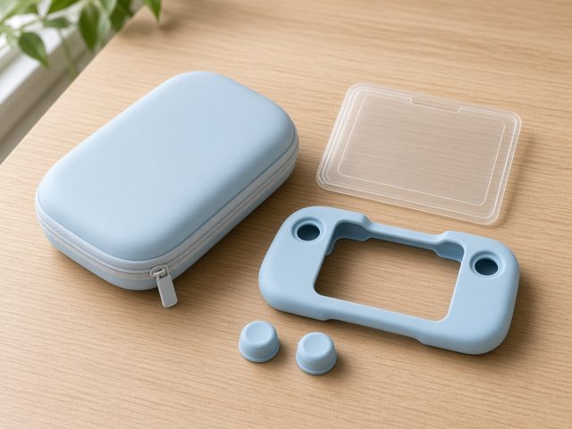 Kit bleu pastel pour console portable : étui zippé, protection d’écran transparente, coque de grip et capuchons de joystick
