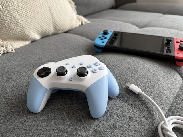 Manette sans fil blanche et bleue compatible Switch posée sur un canapé avec son câble USB-C