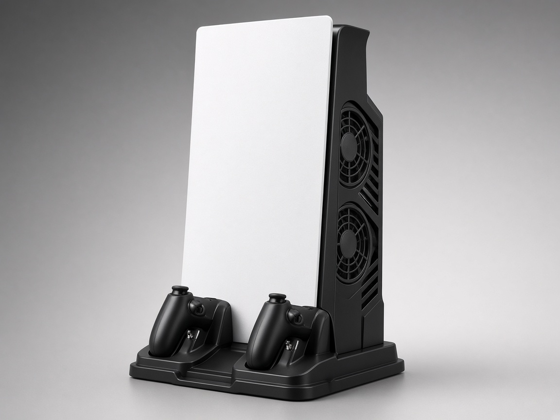 Support vertical noir avec deux ventilateurs à l’arrière et deux emplacements de charge pour manettes, console blanche posée dessus