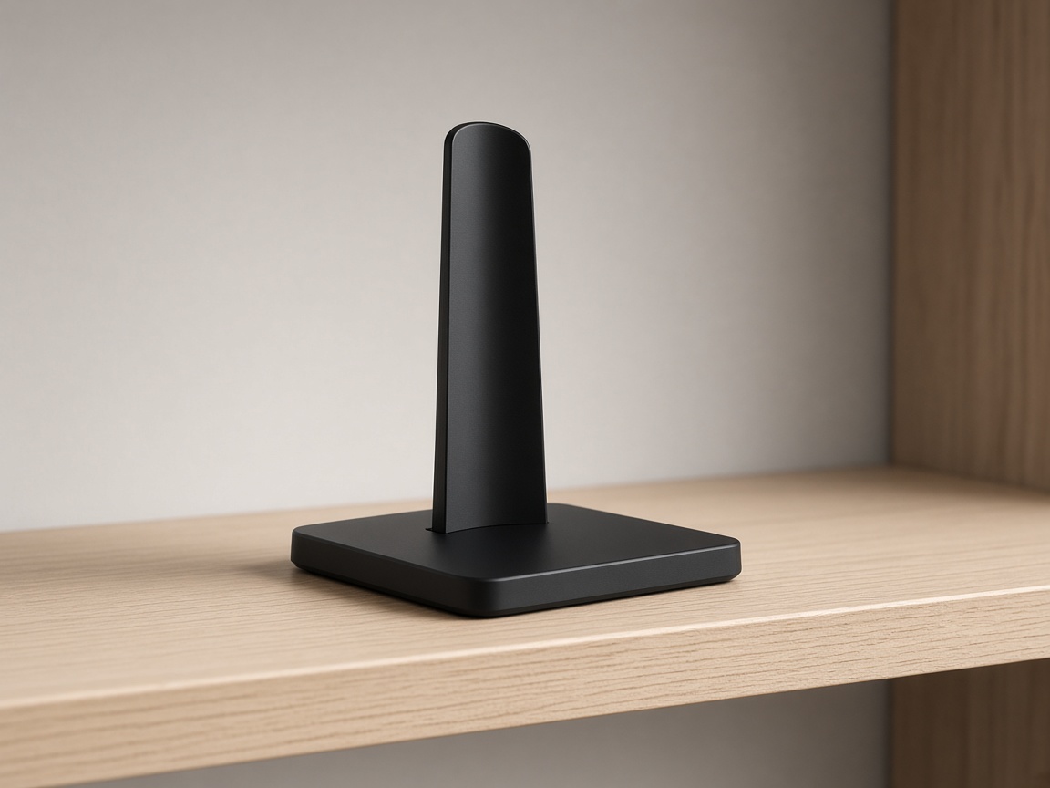 Socle vertical noir mat minimaliste pour console, sans ventilateur, posé sur une étagère en bois clair