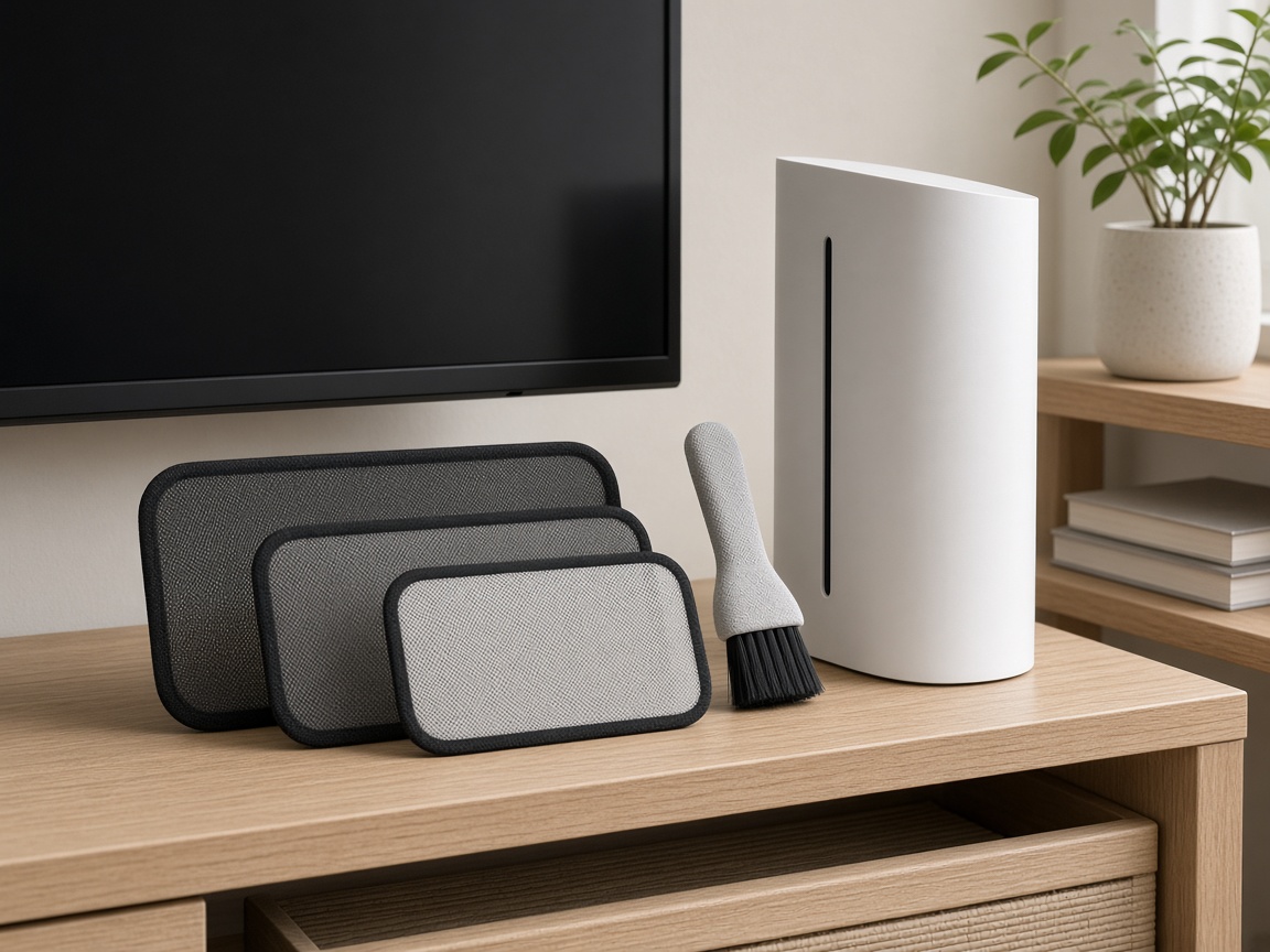 Filtres anti-poussière en maille fine et pinceau de nettoyage posés à côté d’une console blanche sur un meuble TV
