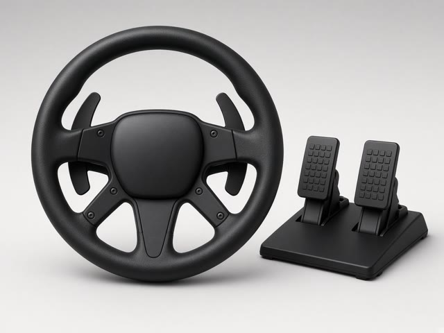 Volant de jeu noir d’entrée de gamme avec palettes et pédalier deux pédales sur fond gris