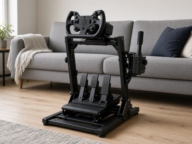 Support de volant pliable noir avec volant, pédalier et levier de vitesse devant un canapé