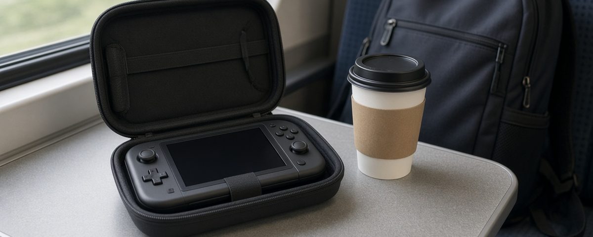 Console portable rangée dans un étui rigide ouvert sur une tablette de train, à côté d’un sac à dos et d’un café