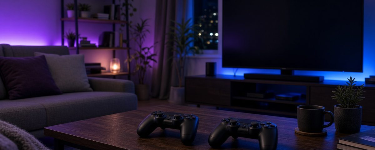 Salon gaming avec deux manettes posées devant un écran
