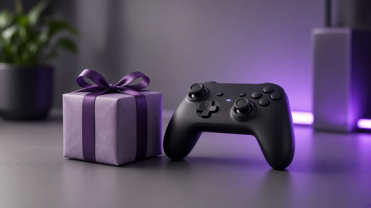 Petit cadeau emballé à côté d’une manette