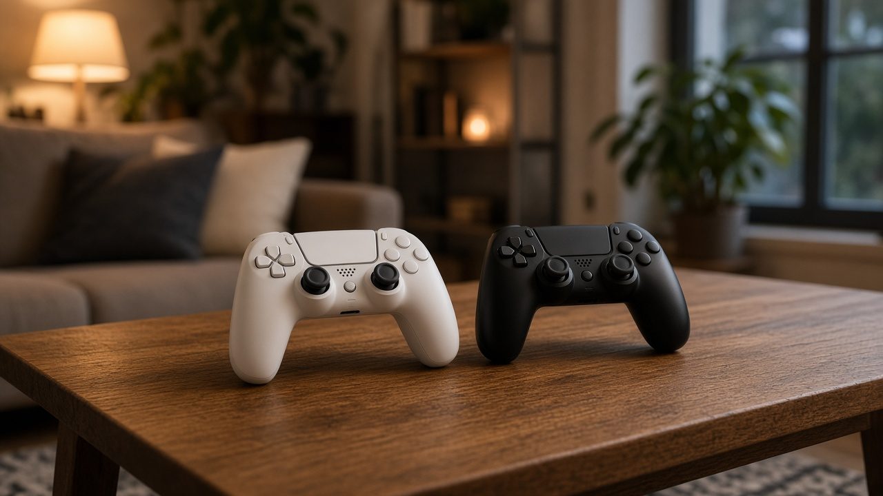 Deux manettes de jeu posées sur une table basse