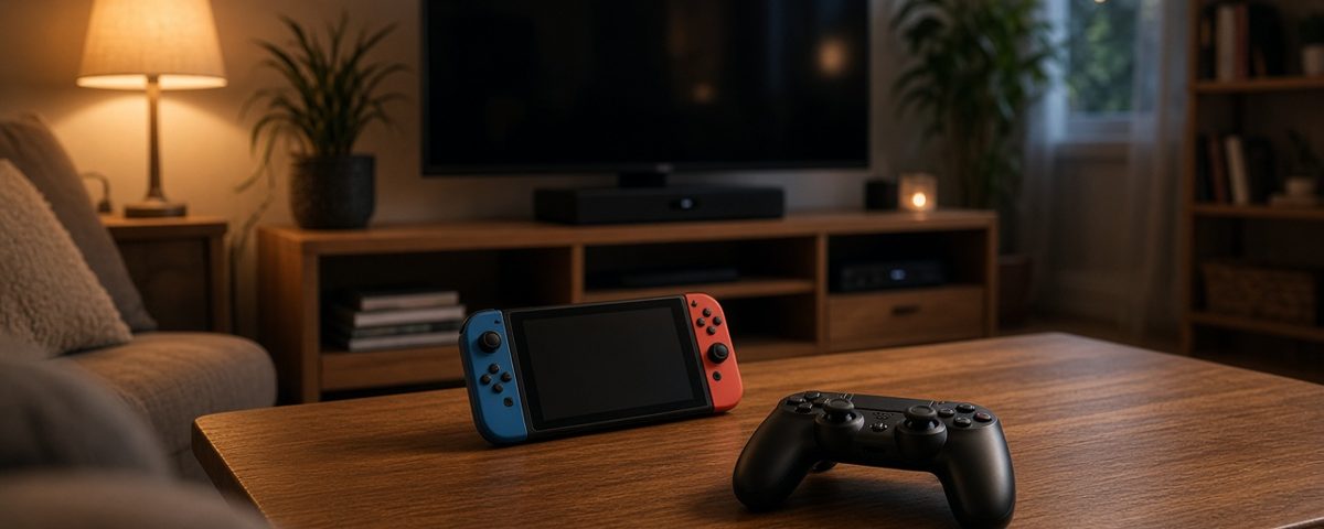 Console Switch et manette sans fil noire posées sur une table de salon devant la télé