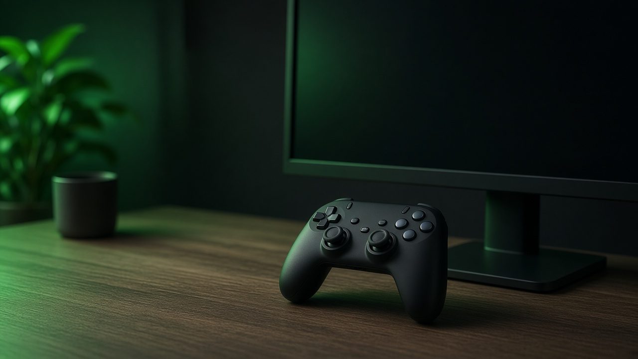 Manette posée devant un clavier et un écran éteint
