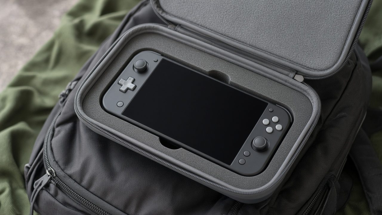 Console portable dans une housse de transport sur un sac