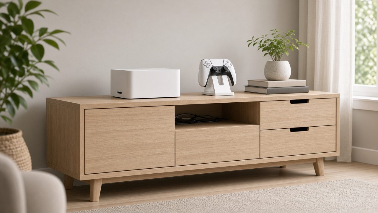 Meuble TV bien rangé avec consoles, manettes et jeux