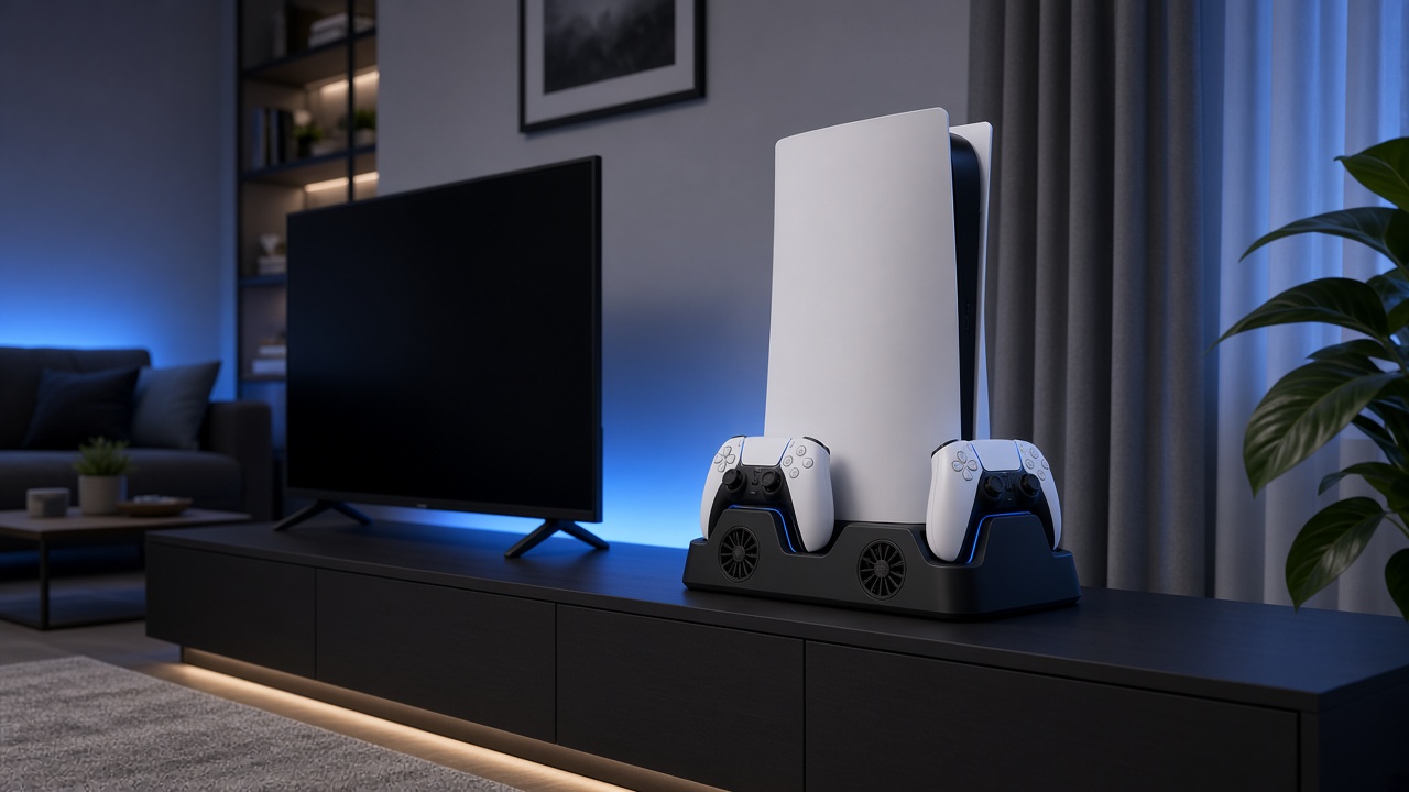 Console blanche posée à la verticale sur un socle noir avec ventilateurs et deux manettes en charge, sur un meuble TV éclairé en bleu