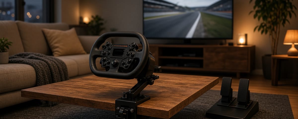 Volant de course noir fixé sur une table basse de salon, pédalier au sol et jeu de course à la télé